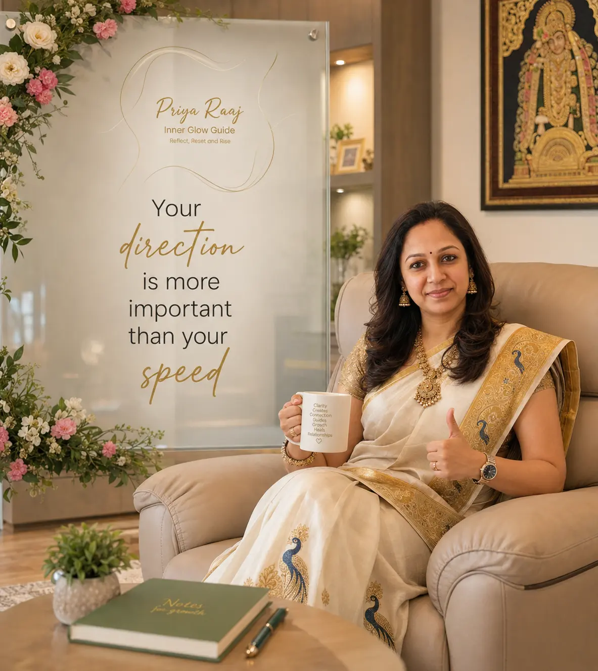 Priya Raaj in a cream and gold saree beside a panel reading 'Your direction is more important than your speed'
