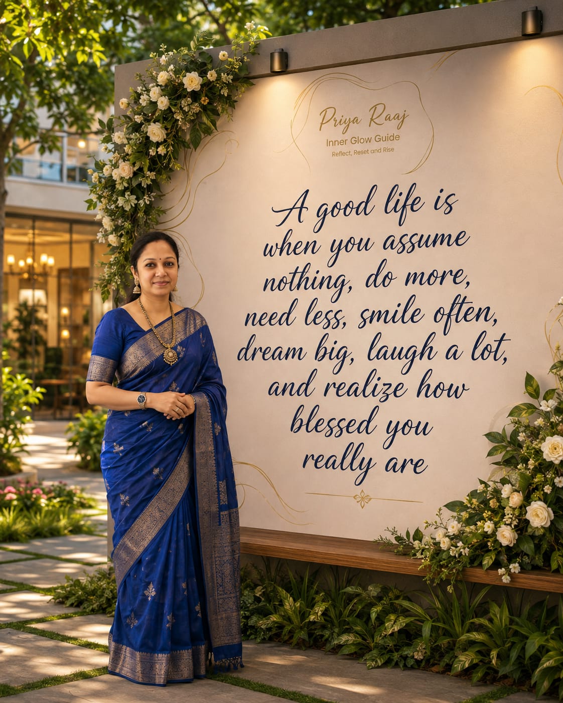 Priya Raaj in a blue saree standing in a garden beside a panel describing what a good life is